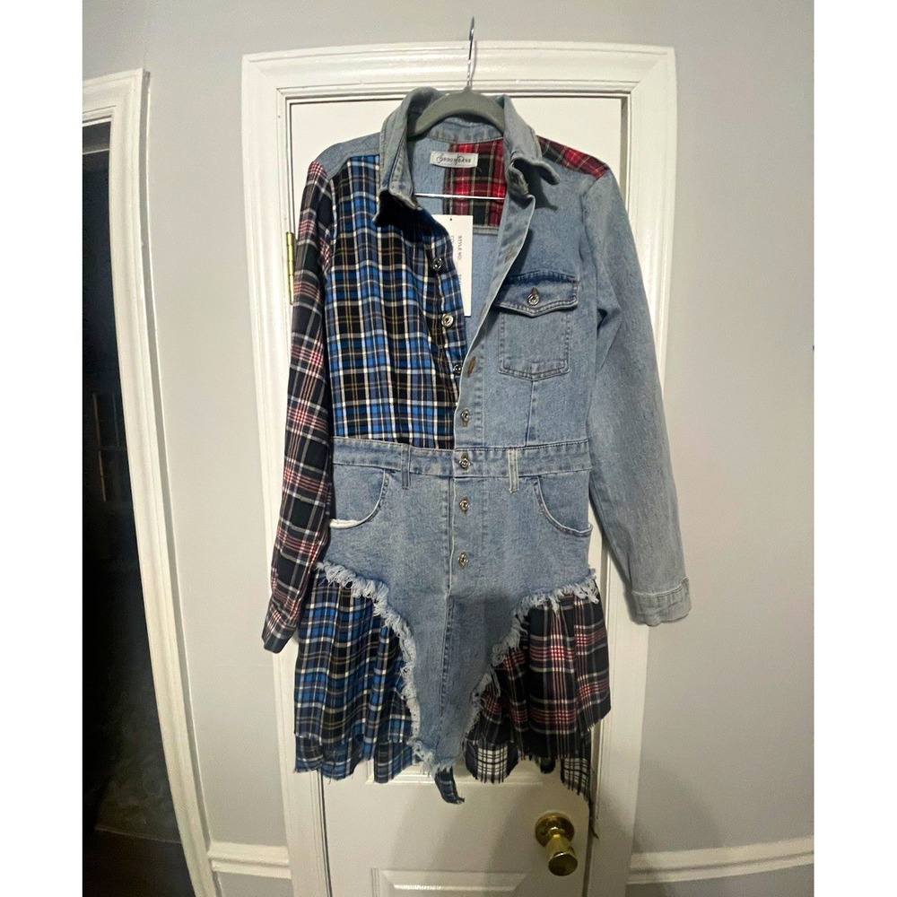 Spoon Jeans L Blue Denim Plaid Button Front Collared Pocket Shirt Dress
